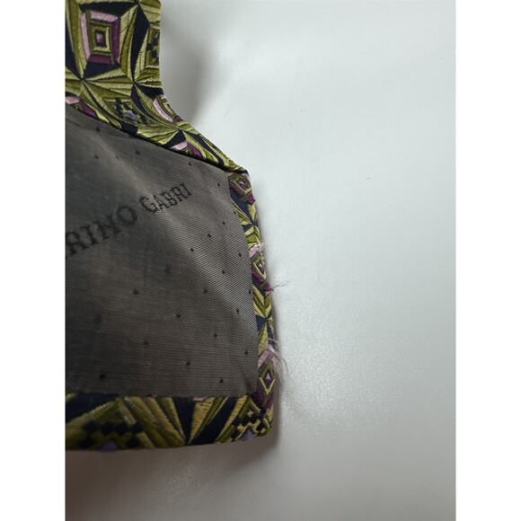 Mens Marino Gabri 100% Silk Neck Tie Green and Purple Square Bead Geometric Ptrn - Picture 7 of 7